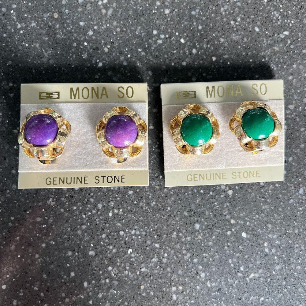 Vintage MONA SO Purple & Green Lot of 2 Gold tone Clip On Genuine Stone Earrings